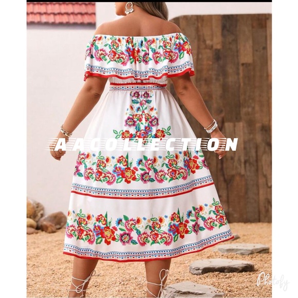 Boho Plus Size Floral Print Ruffle Off Shoulder Belt Dress - Picture 2 of 3